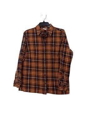 Duluth Trading Co Womens M Button-Up Flannel Shirt Orange/Blue Plaid Long Sleeve